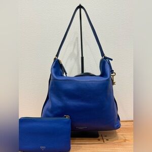 Fossil Blue Leather Hobo Bag with Matching Wallet